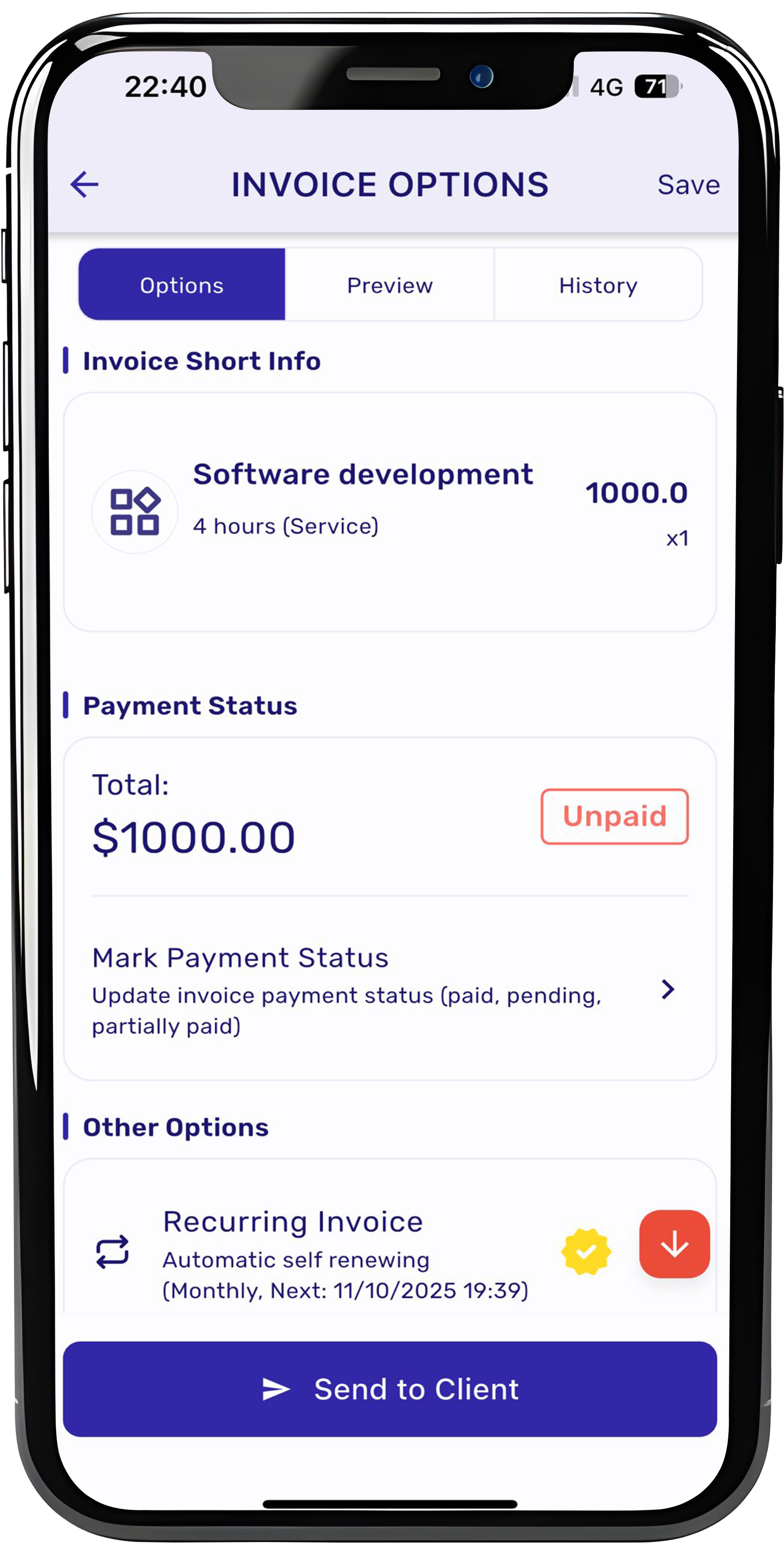 Billvoice mobile application interface showing user balance, payment cards, and quick send features